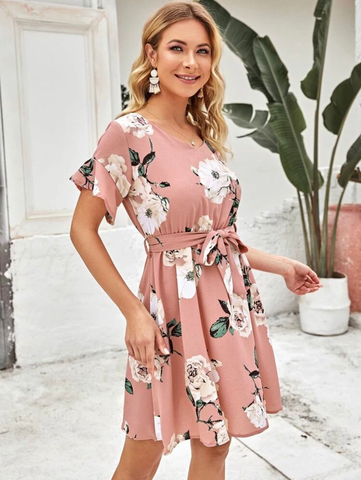 Flounce Sleeve Belted Floral Print Dress