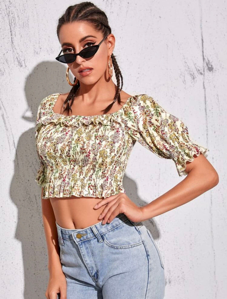 Ditsy Floral Shirred Ruffle Trim Blouse