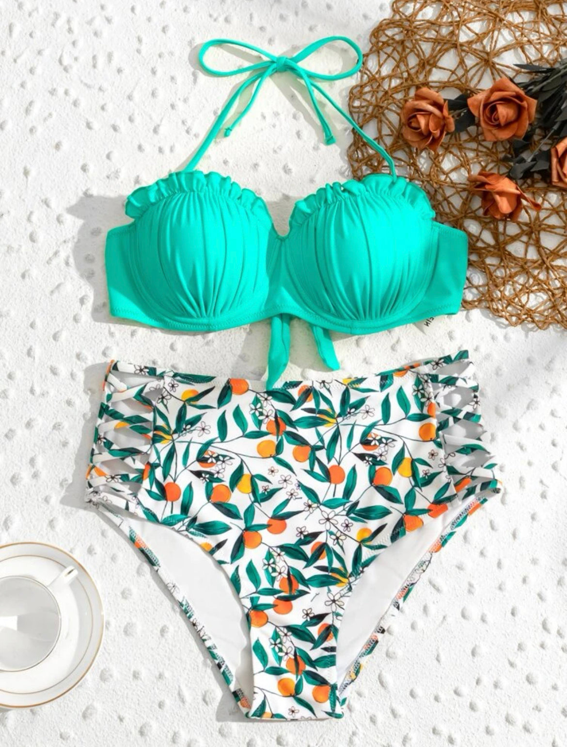 Floral & Fruit Print Frill Push Up Bikini Swimsuit