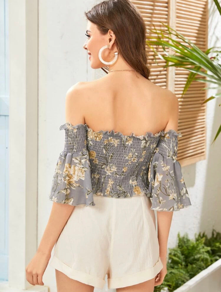 Floral Shirred Frill Crop Top