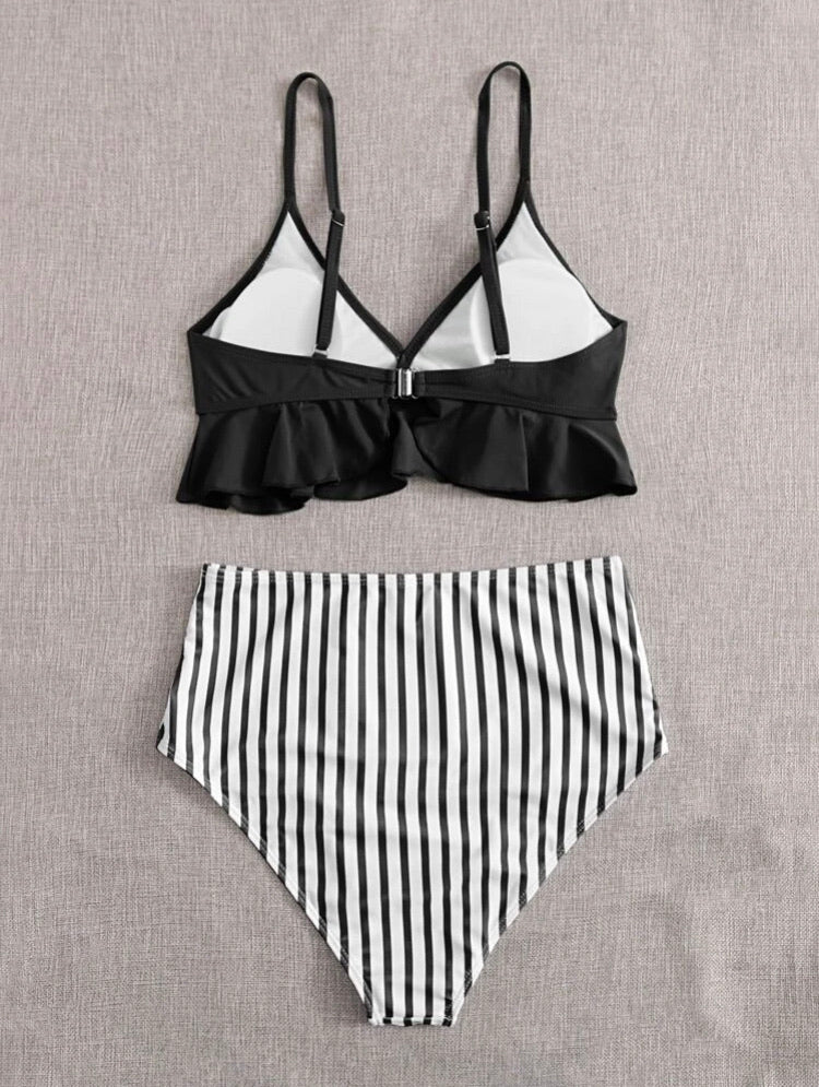 Striped Ruffle Hem High Waisted Bikini Swimsuit