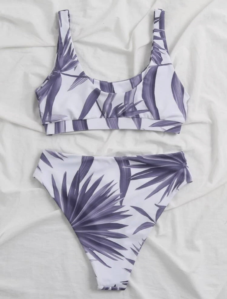 Palm Print High Waisted Bikini Swimsuit