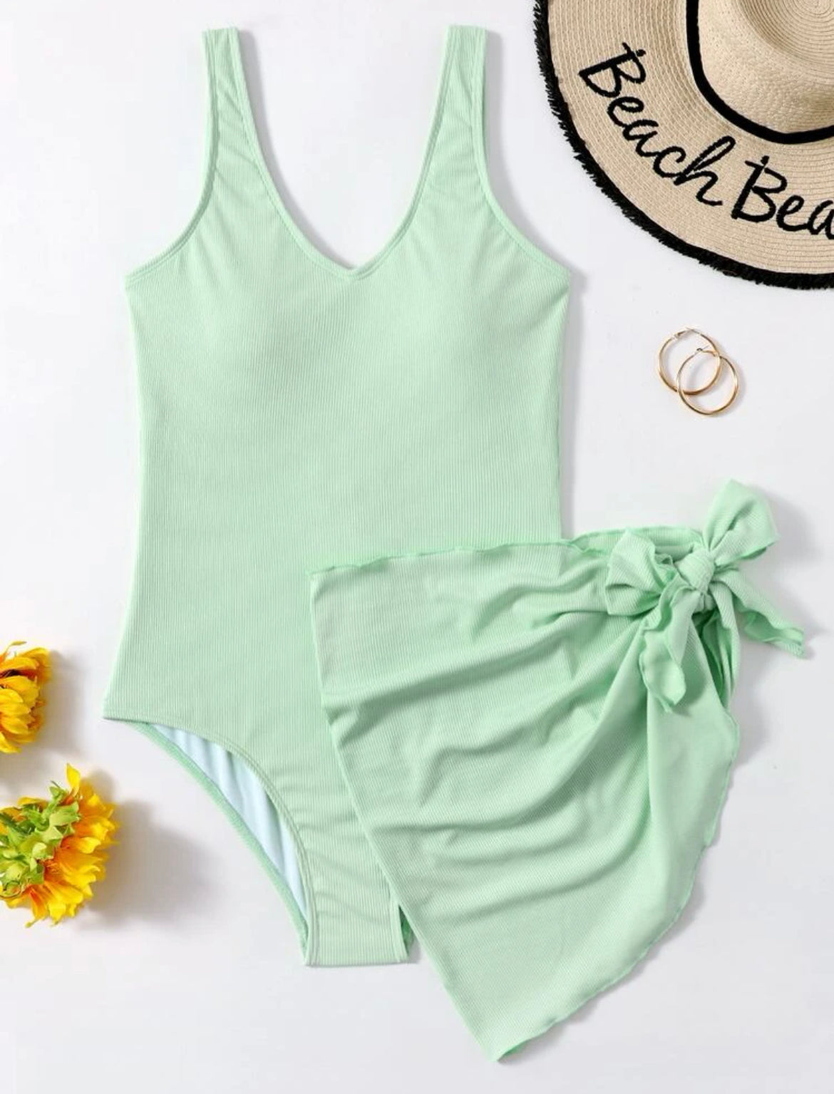 Rib One Piece Swimsuit With Beach Skirt