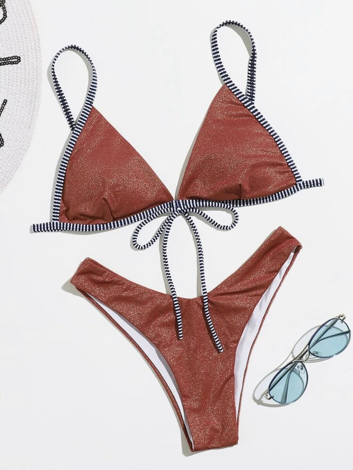 Striped Binding Glitter High Cut Bikini Swimsuit