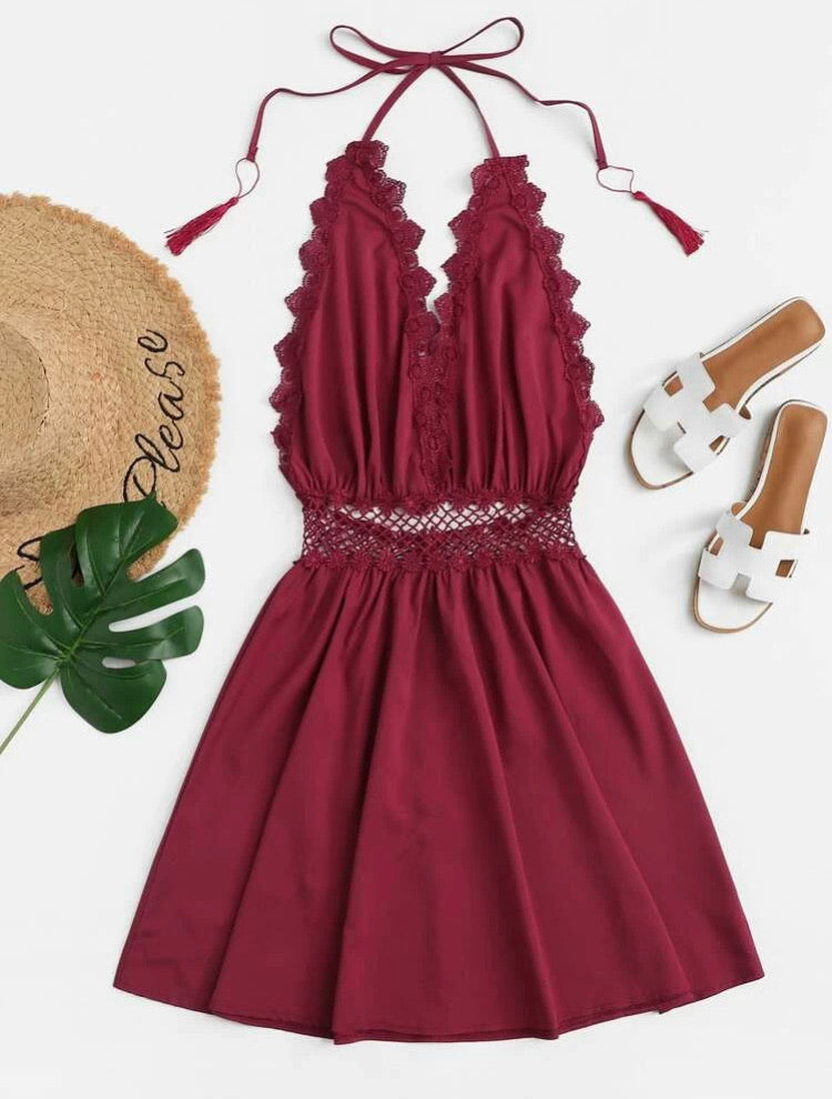 Guipure Lace Trim Fringe Halter Dress