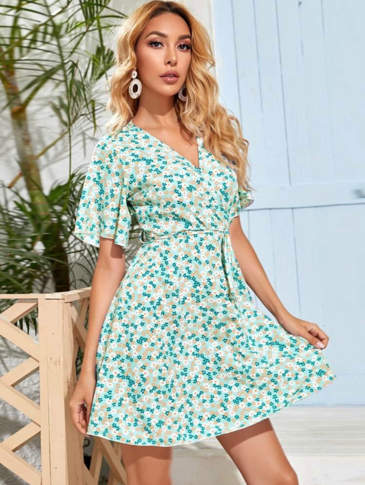 Surplice Neck Belted Ditsy Floral Dress