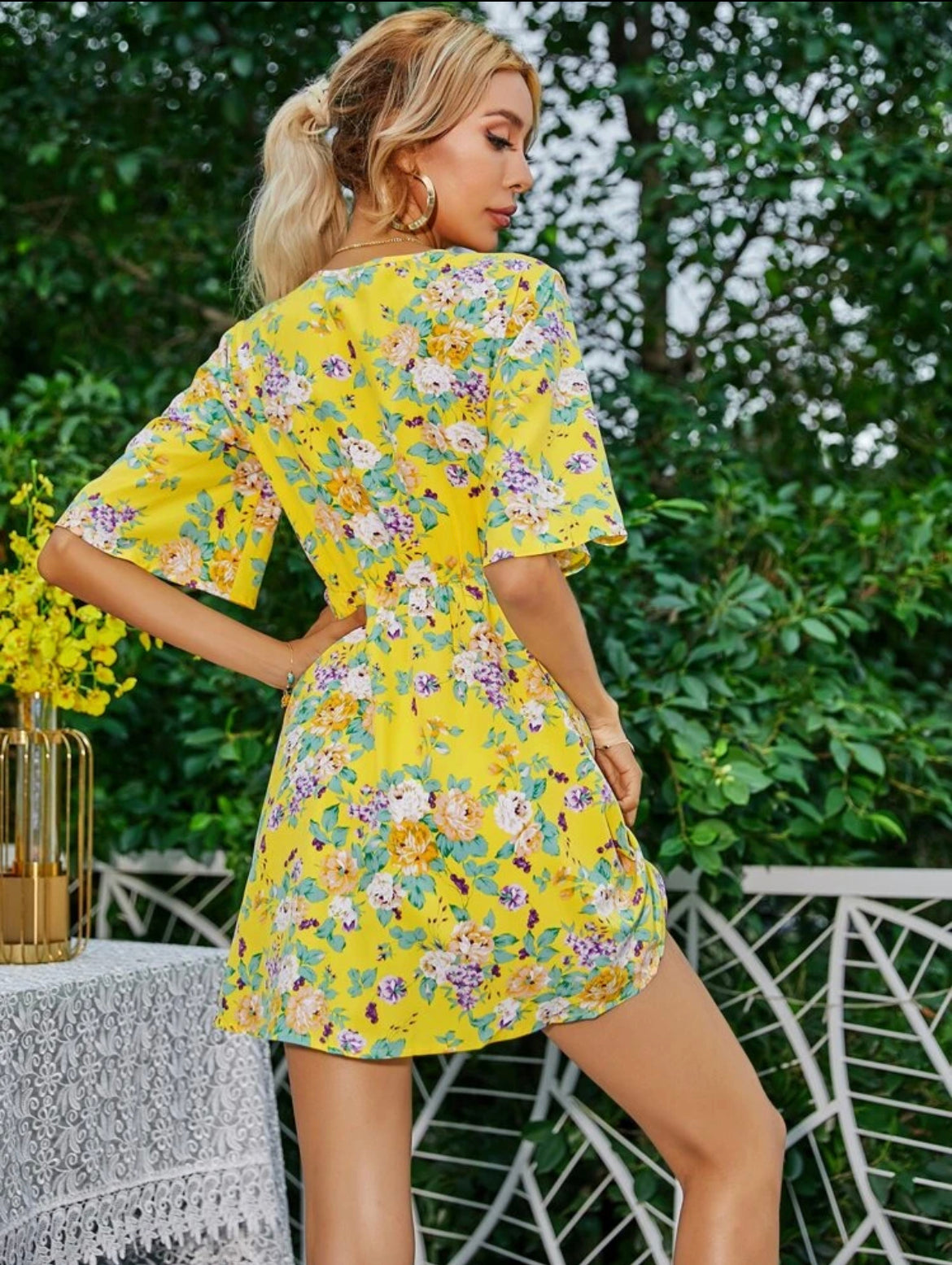 Flounce Sleeve Surplice Neck Floral Dress