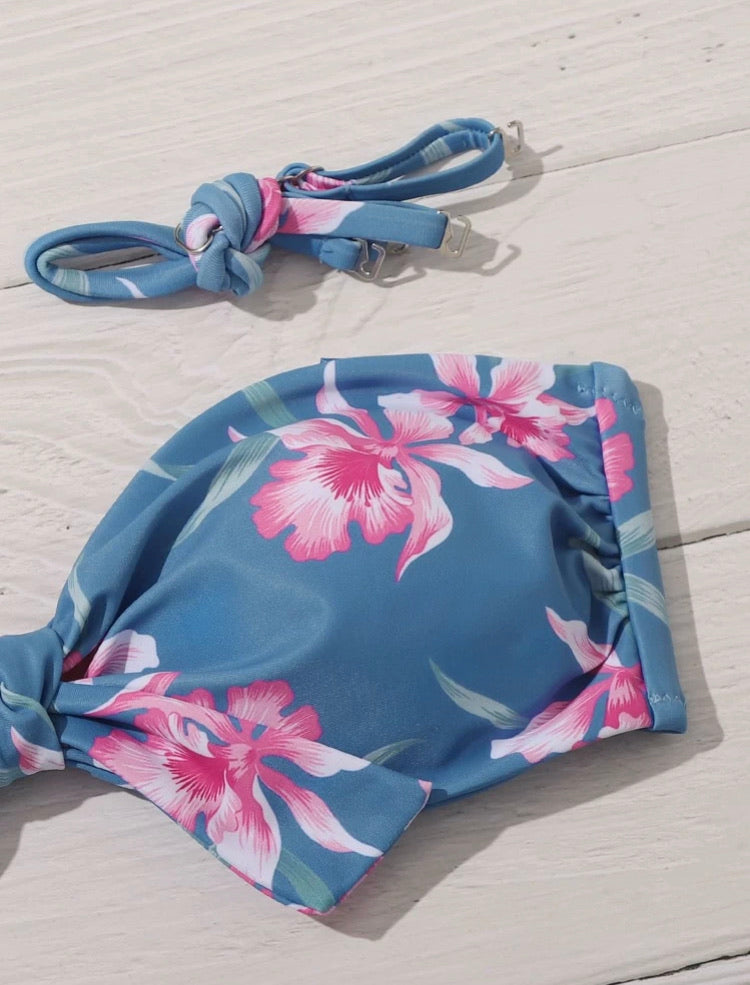 Floral Knot Front Bandeau High Waisted Bikini Swimsuit