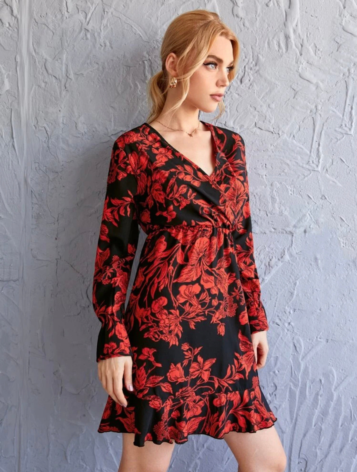 Surplice Neck Flounce Sleeve Dress