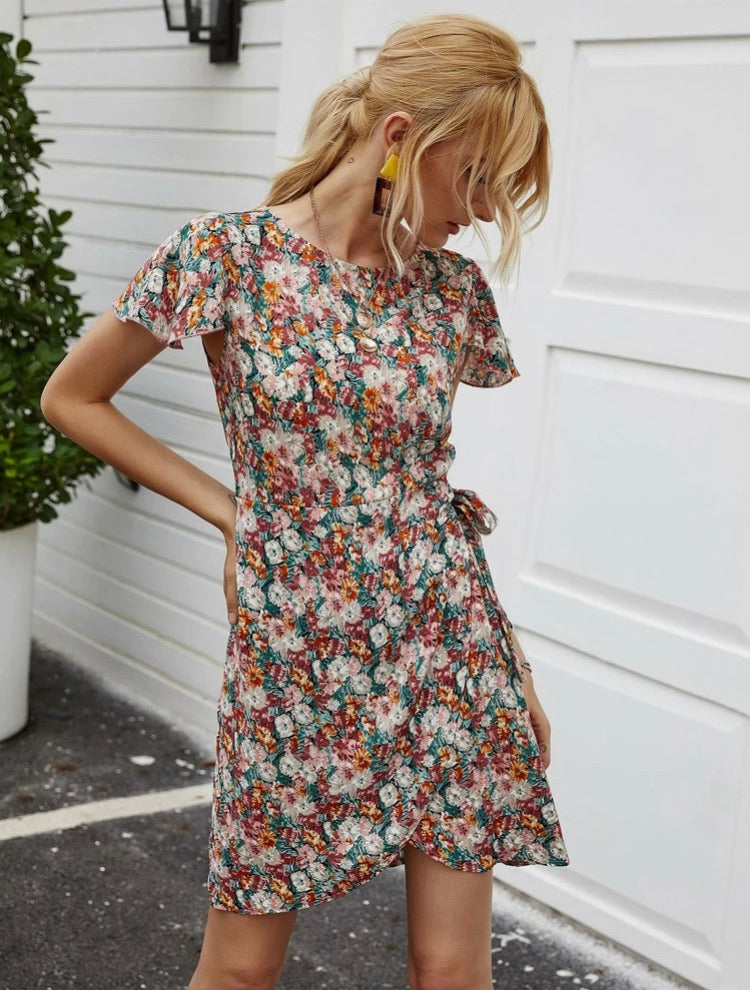 Ruffle Trim Wrap Knot Floral Dress