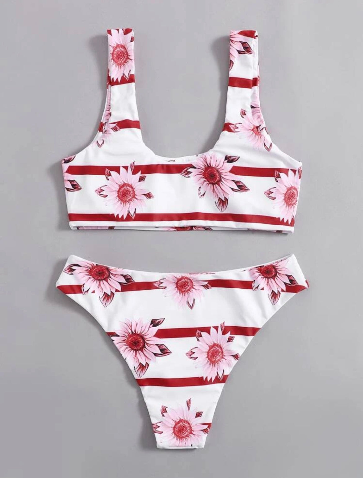 Floral & Stripe Print Bikini Swimsuit