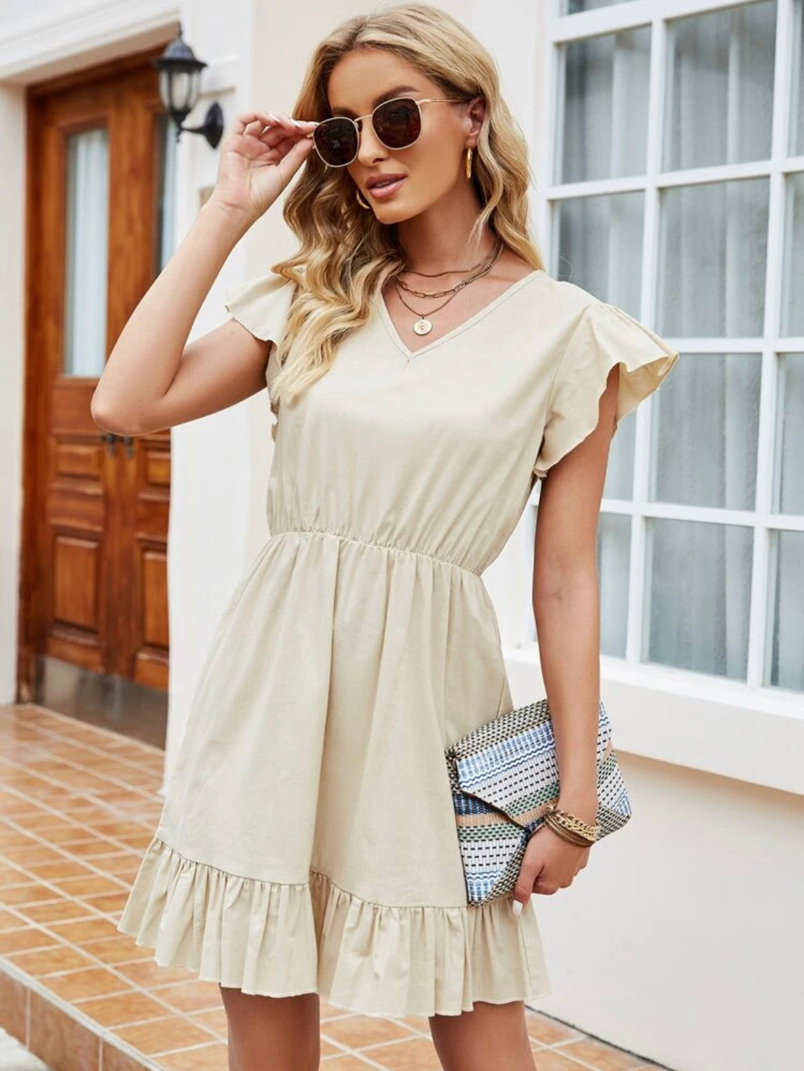 Butterfly Sleeve Ruffle Hem A-line Dress