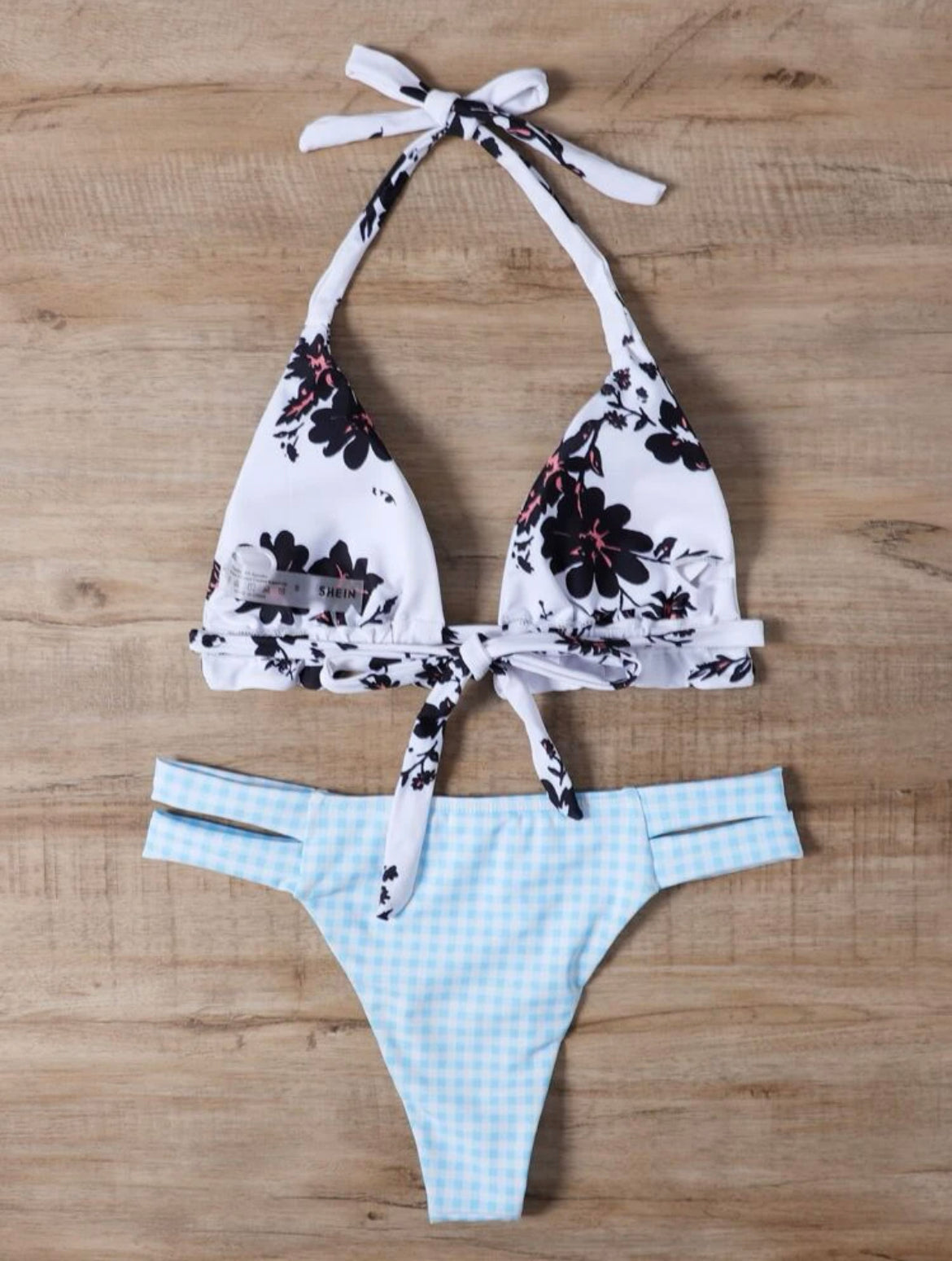 Floral & Plaid Print Ruffle Halter Bikini Swimsuit
