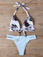 Floral & Plaid Print Ruffle Halter Bikini Swimsuit