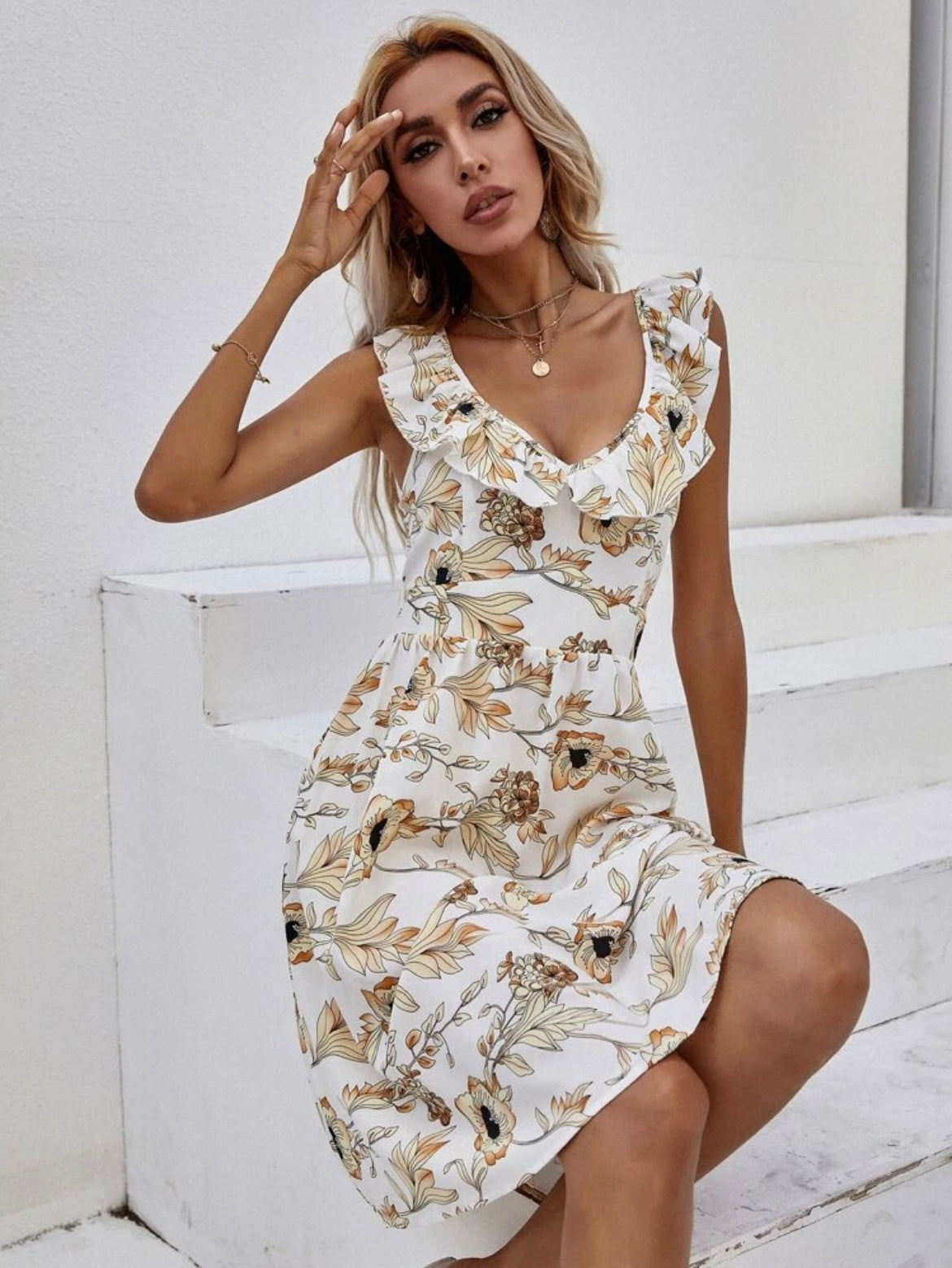 Floral Print Ruffle Trim Crisscross Dress