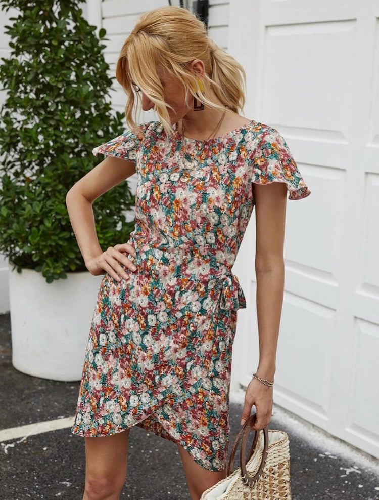 Ruffle Trim Wrap Knot Floral Dress