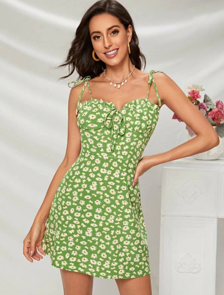 Frill Trim Tied Daisy Floral Print Cami Dress