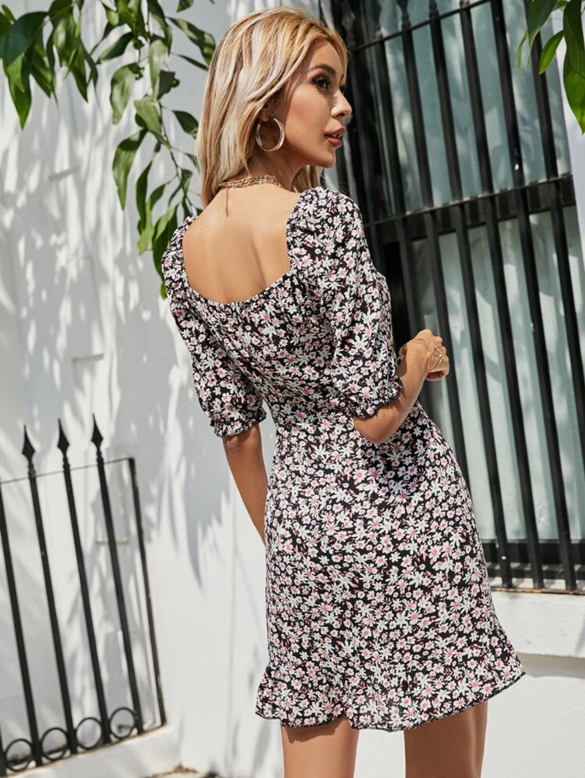 Square Neck Ruffle Hem Floral Dress