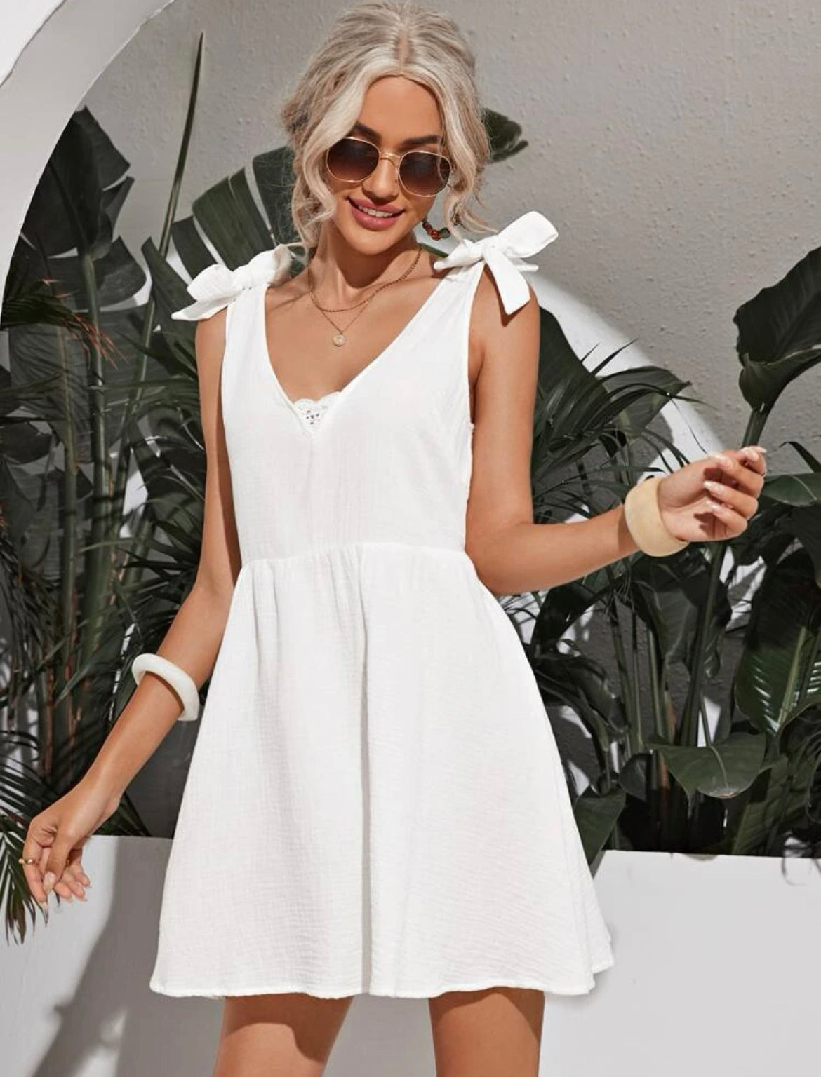 Knot Strap Lace Trim V-Back Dress
