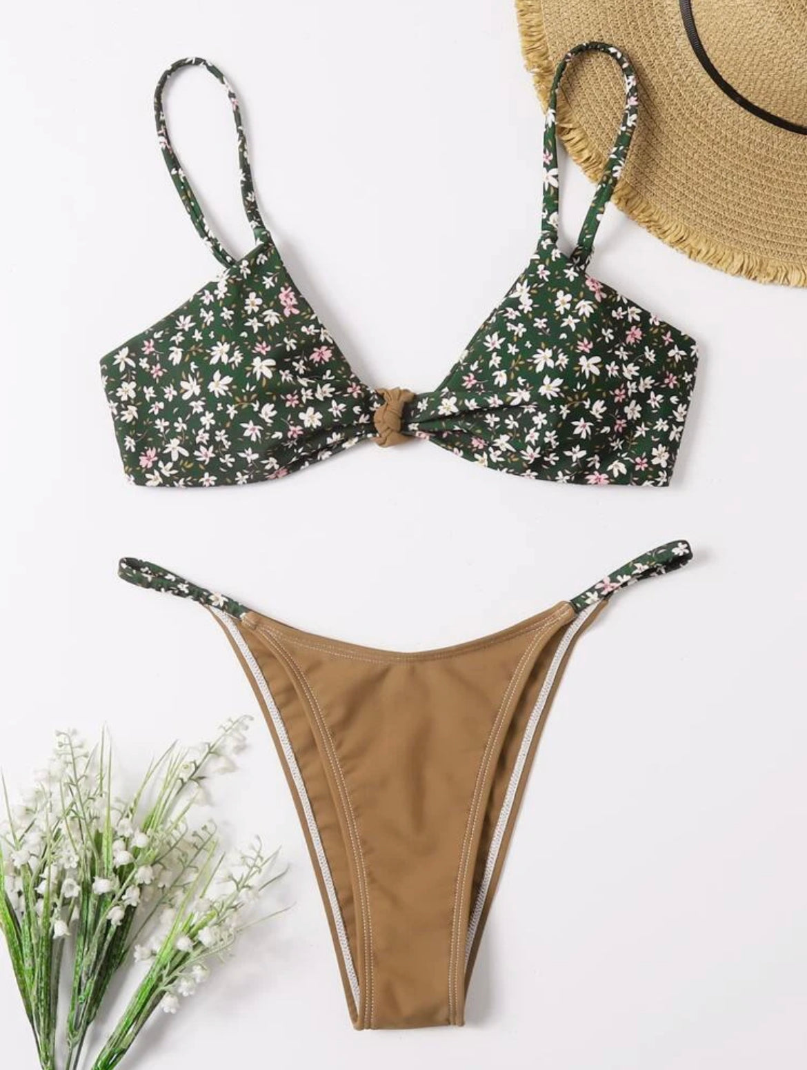 Ditsy Floral Knot Thong Bikini Swimsuit