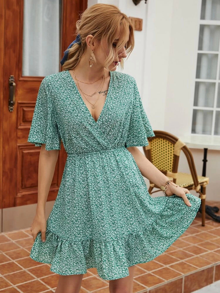 Surplice Neck Ruffle Hem Ditsy Floral Dress