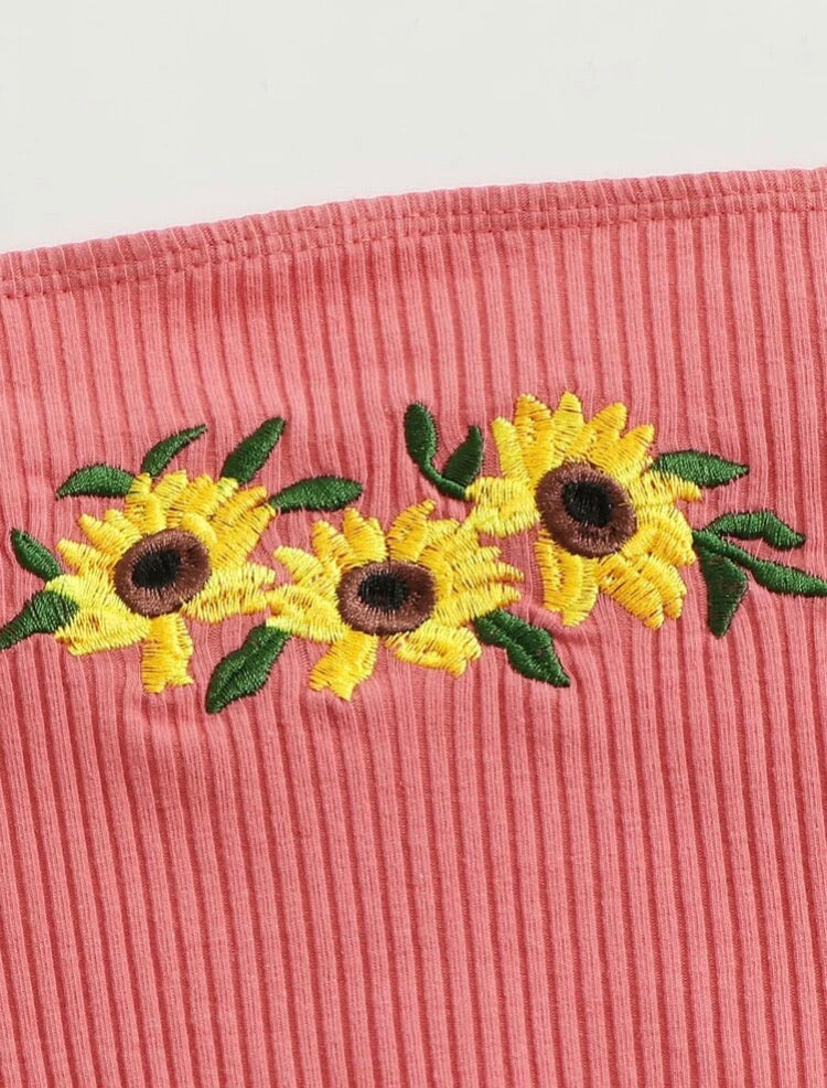 Sunflower Embroidery Lettuce Trim Crop Cami Top