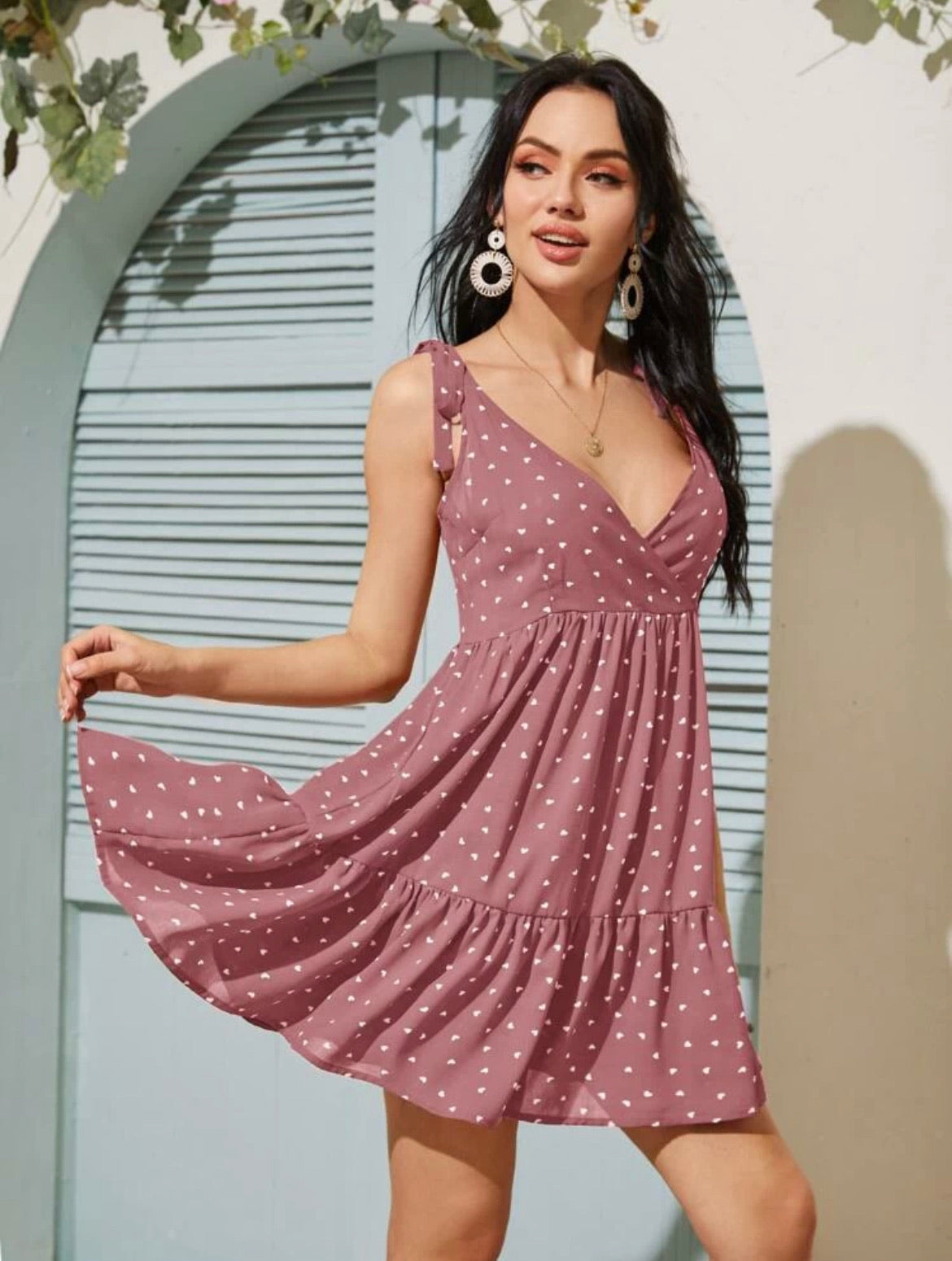 Confetti Heart Print Tie Shoulder Ruffle Hem Plunging Sundress