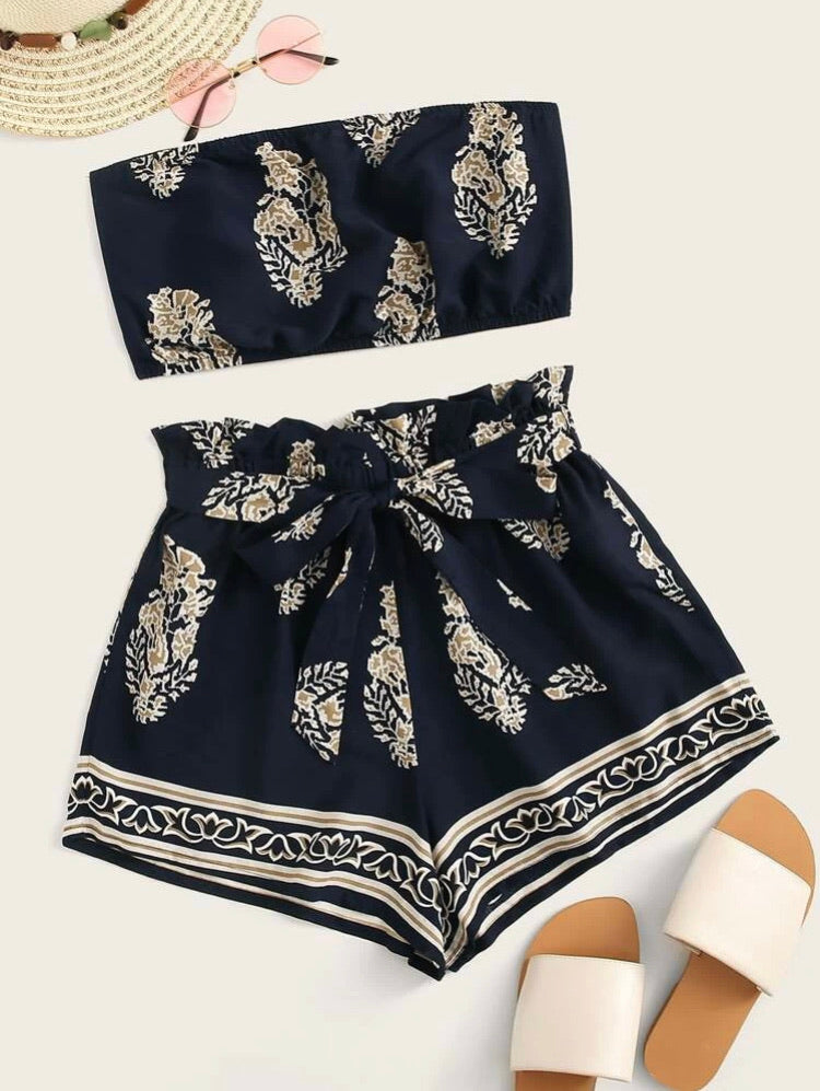 Tube Crop Top & Paper bag Waisted Belted Shorts Set