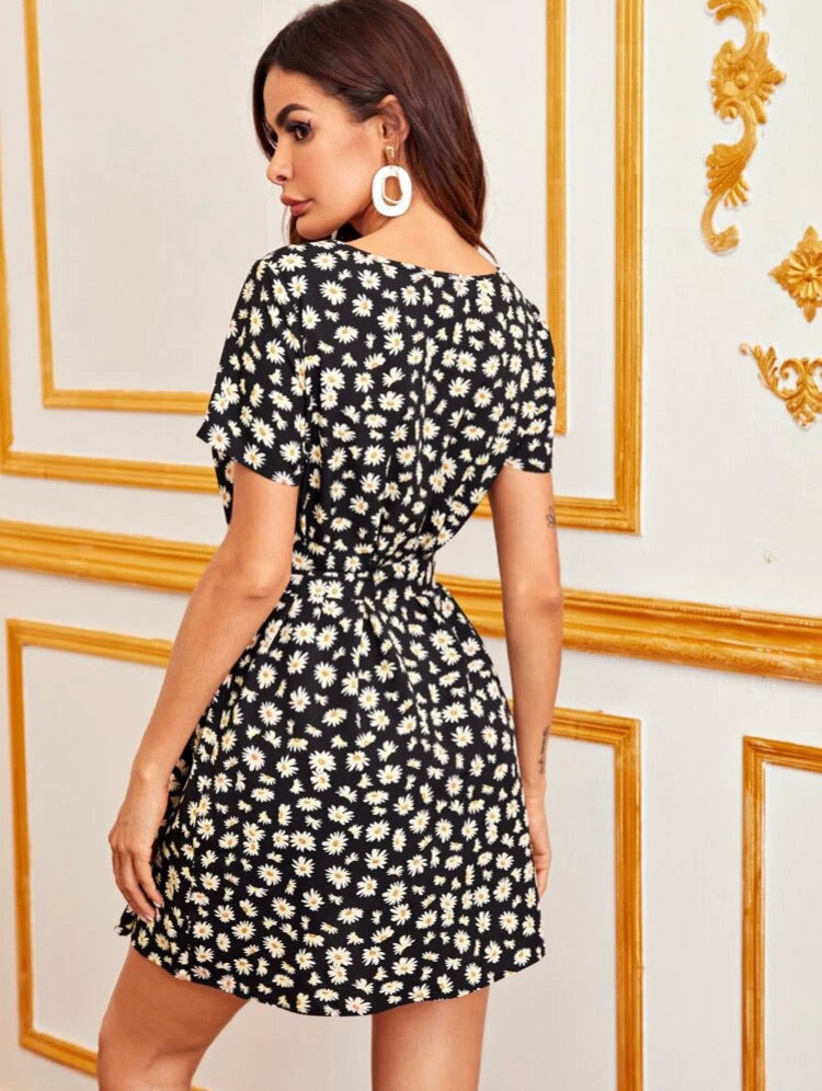 Daisy Floral Print Belted Dress