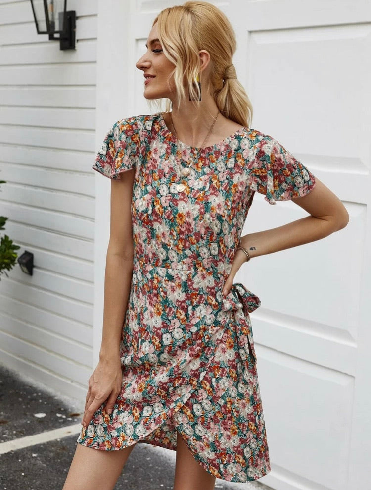 Ruffle Trim Wrap Knot Floral Dress