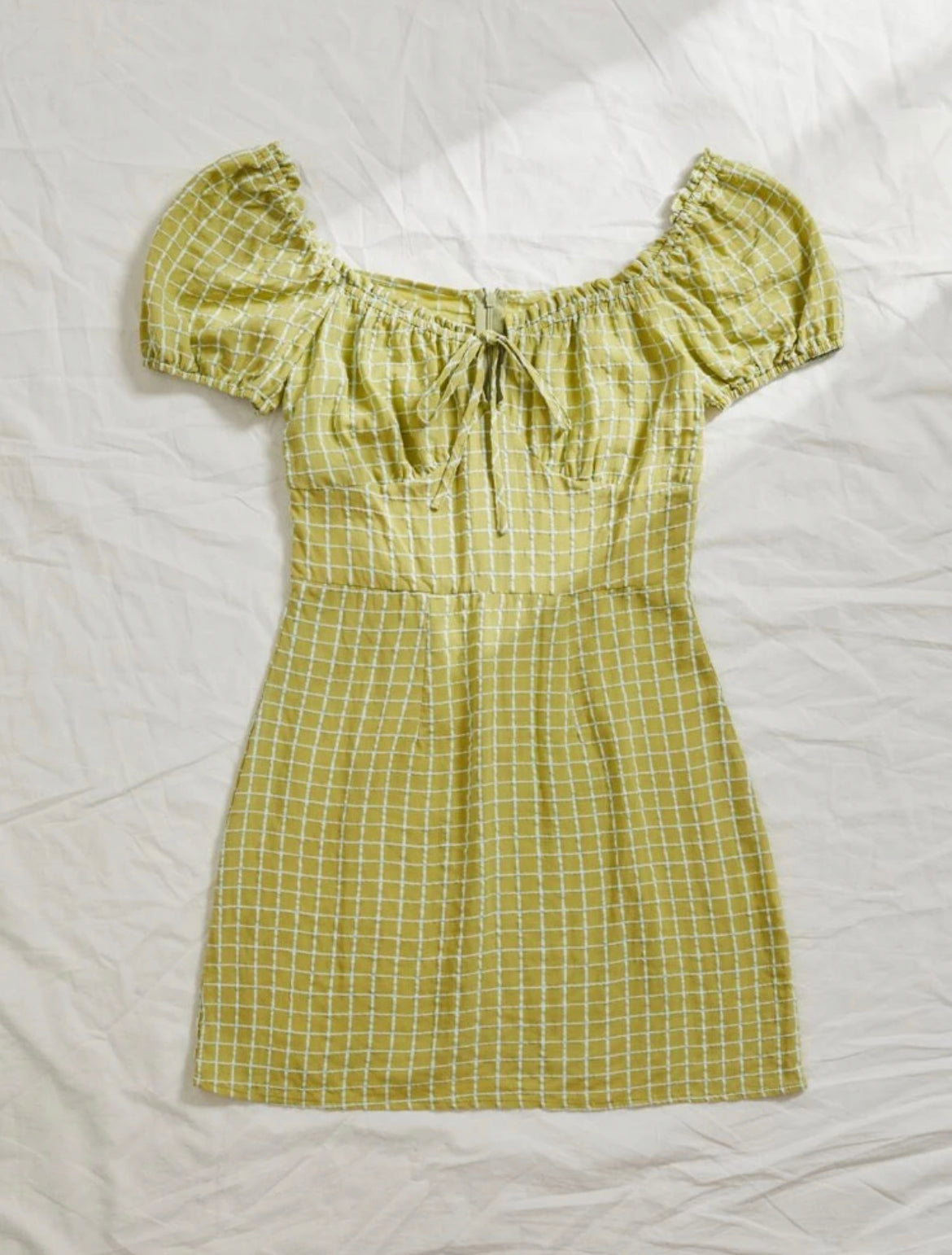 Puff Sleeve Tie Front Plaid Dress