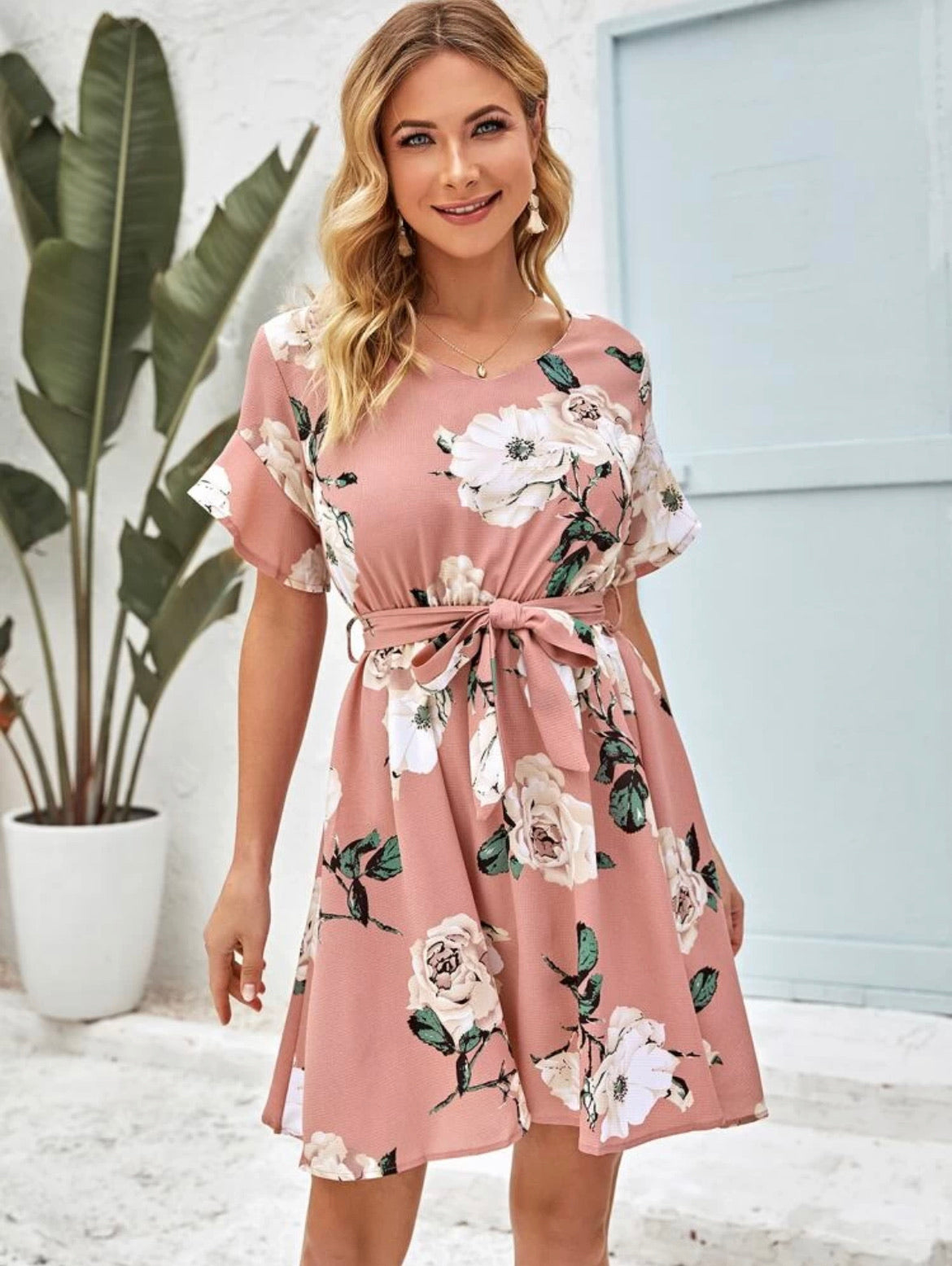 Flounce Sleeve Belted Floral Print Dress