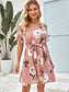 Flounce Sleeve Belted Floral Print Dress