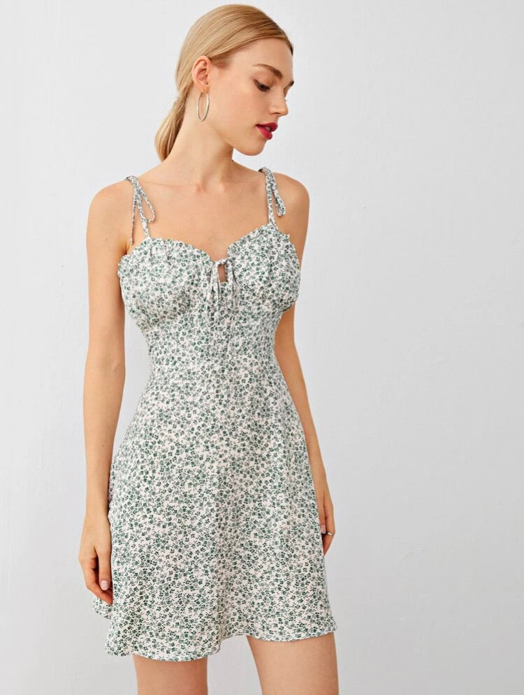 Tied Shoulder Ruched Bust Ditsy Floral Cami Dress