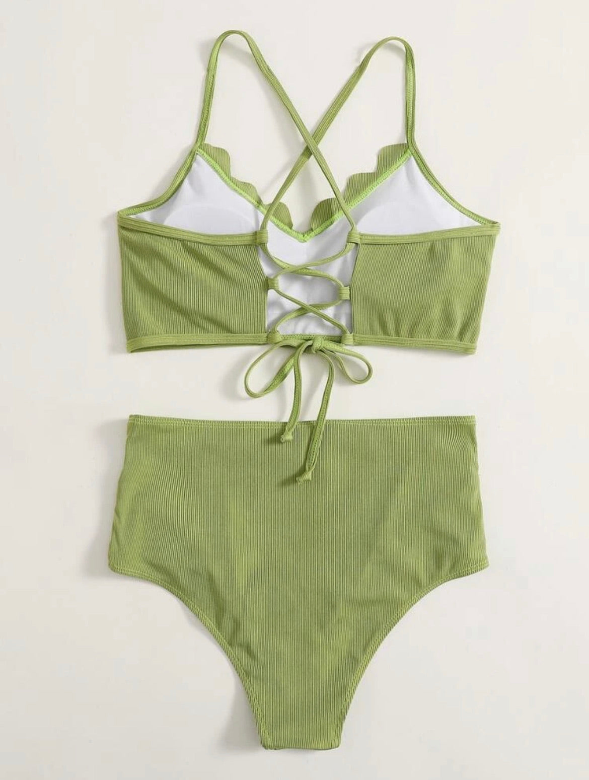 Rib Scalloped Trim Ruched Bikini Swimsuit