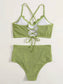Rib Scalloped Trim Ruched Bikini Swimsuit