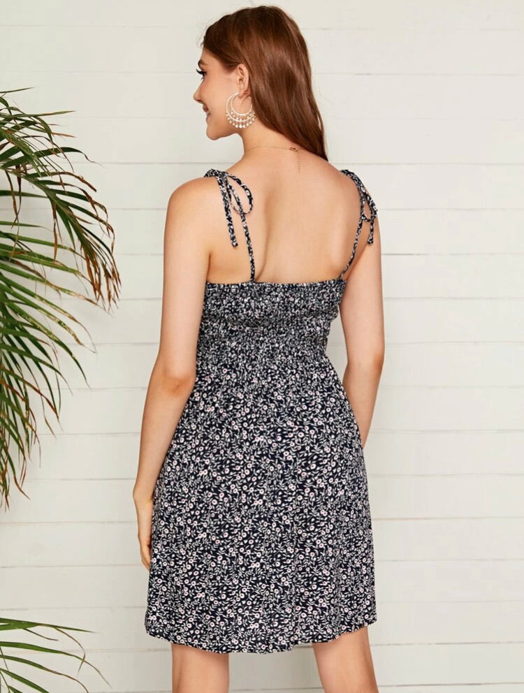 Knot Straps Shirred Back Ditsy Floral Dress