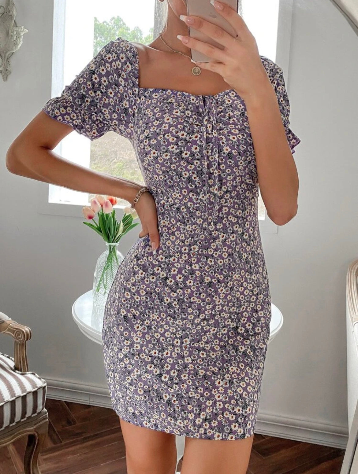 Ditsy Floral Print Knot Front Dress