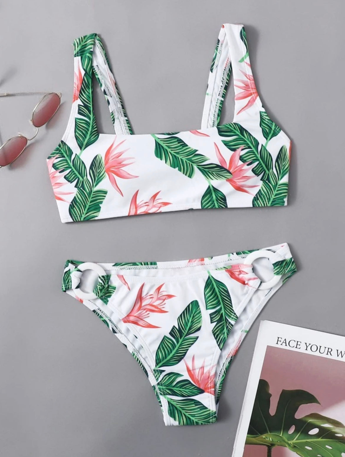 Flower & Leaf Graphic Ring Decor Bikini Swimsuit