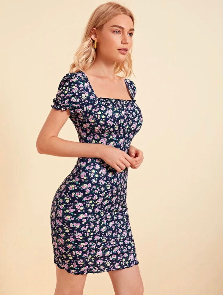 Floral Print Frill Trim Bodycon Dress