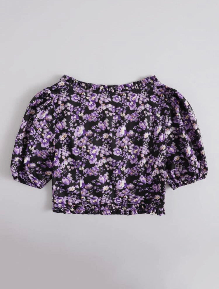 Frill Trim Puff Sleeve Floral Crop Top
