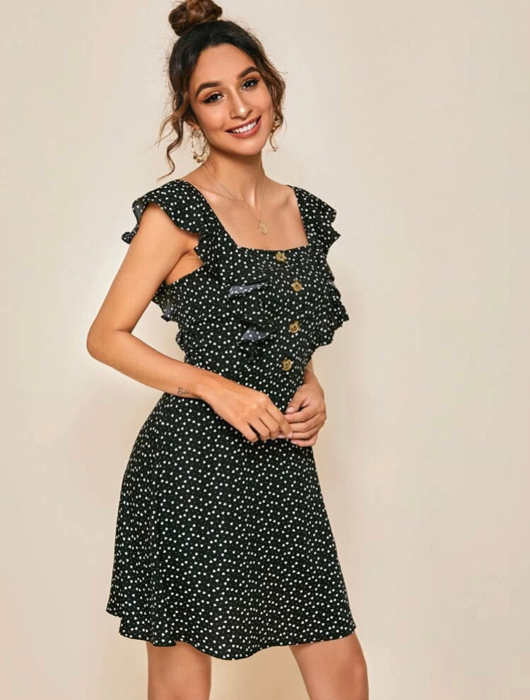 Confetti Heart Print Button Front Ruffle Armhole Dress