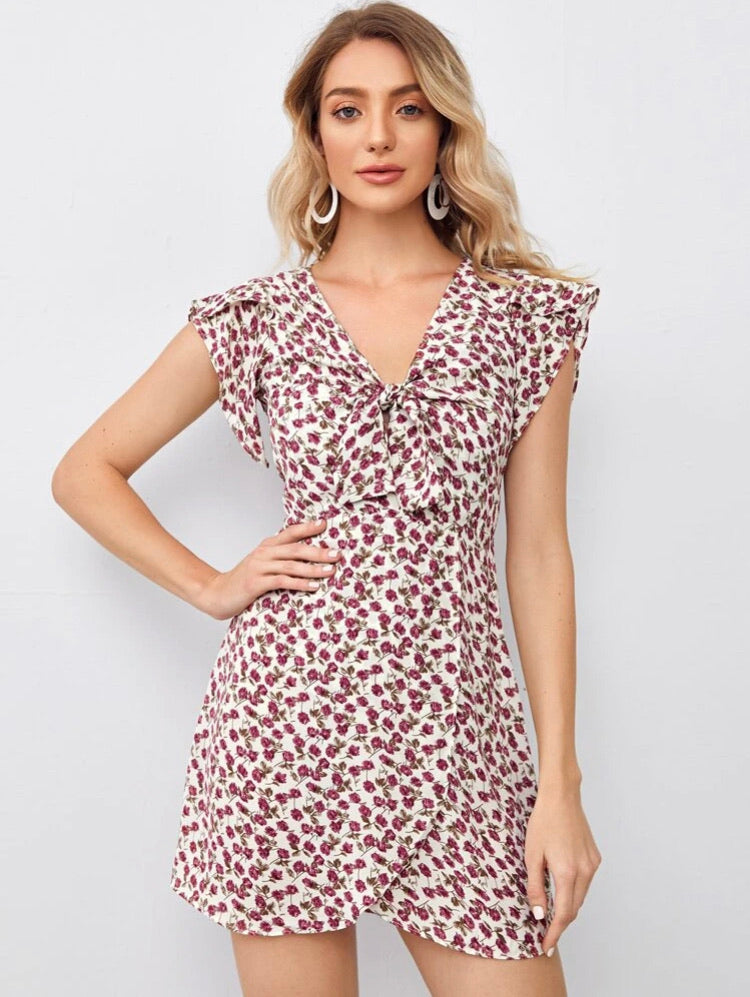 Ditsy Floral Print Tie Front Wrap Hem Dress