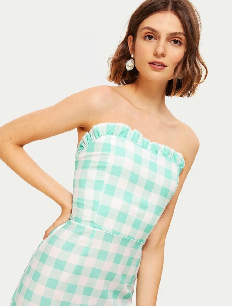 Frill Trim Tie Back Gingham Bandeau Dress