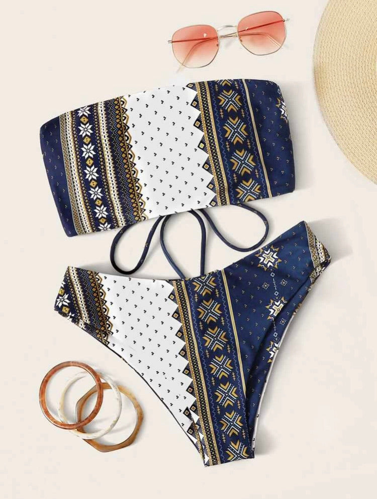 Geo Bandeau High Cut Bikini Swimsuit