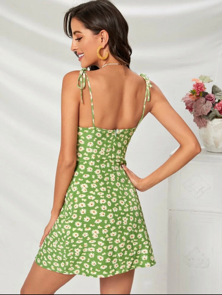 Frill Trim Tied Daisy Floral Print Cami Dress