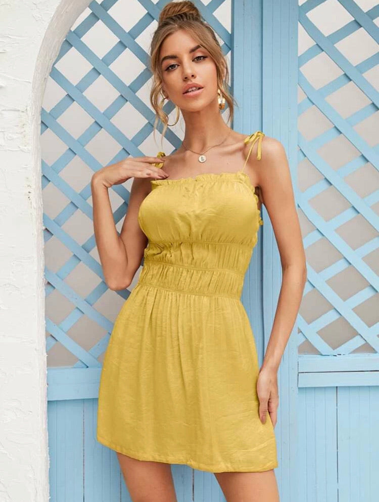 Tie Shoulder Frill Trim Gathered Detail Cami Dress