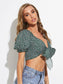 Ditsy Floral Puff Sleeve Tie Front Crop Top
