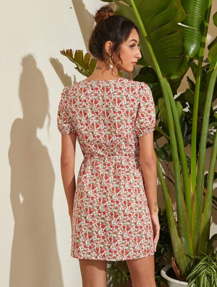 Surplice Neck Knot Puff Sleeve Floral Dress