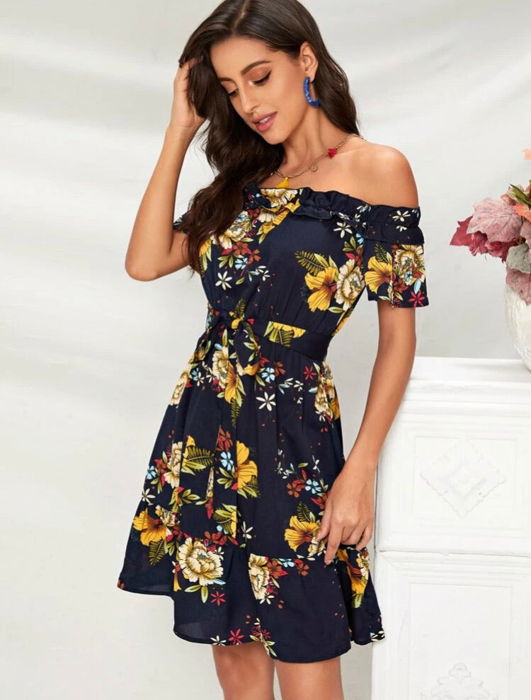 Off Shoulder Ruffle Trim Self Belted Floral Dress